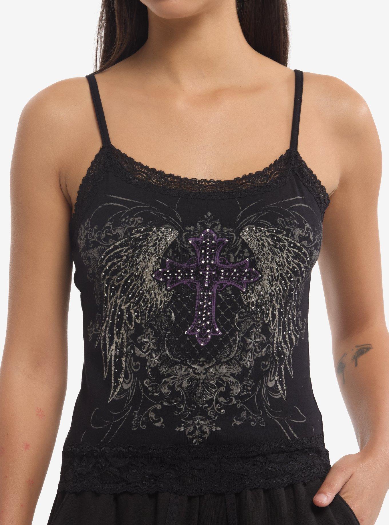 Social Collision Rhinestone Winged Cross Girls Cami, , hi-res