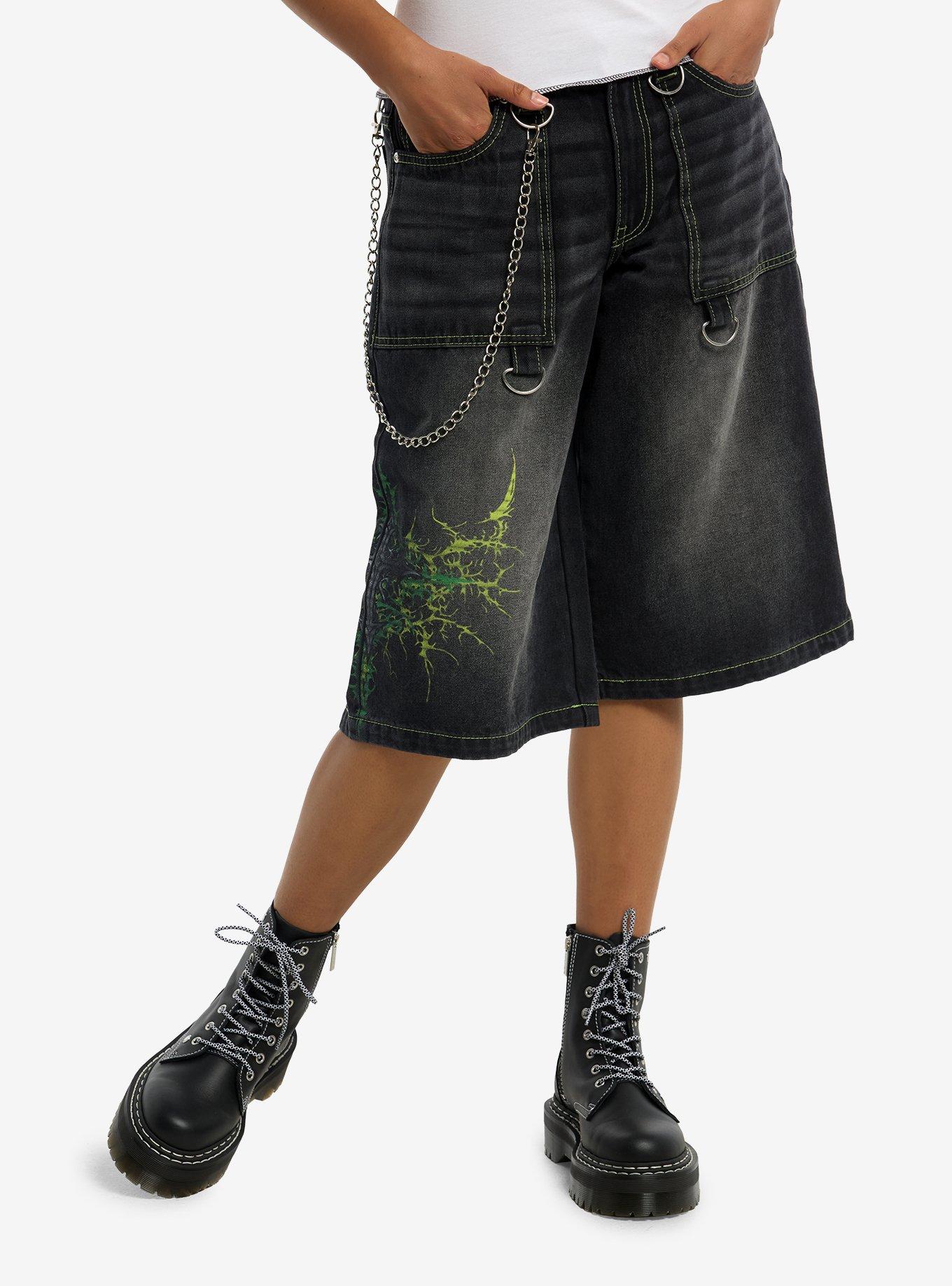 Social Collision Green Cyber Cross Side Chain Jorts, , hi-res