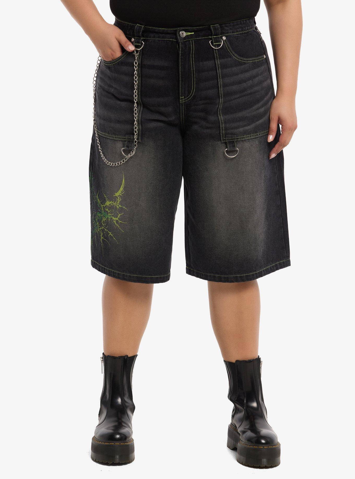 Social Collision Green Cyber Cross Side Chain Jorts Plus Size, , hi-res
