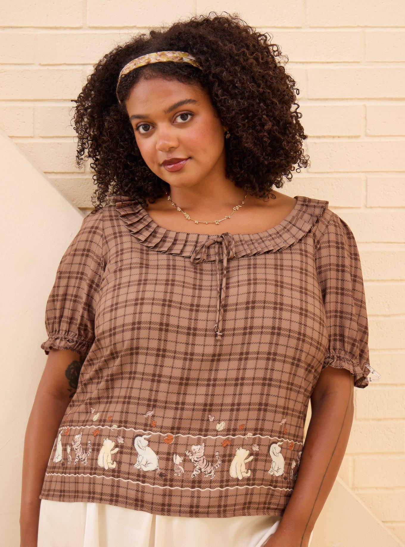 Disney Winnie the Pooh and Friends Autumn Plaid Embroidered Women's Plus Puff Sleeve Top - BoxLunch Exclusive