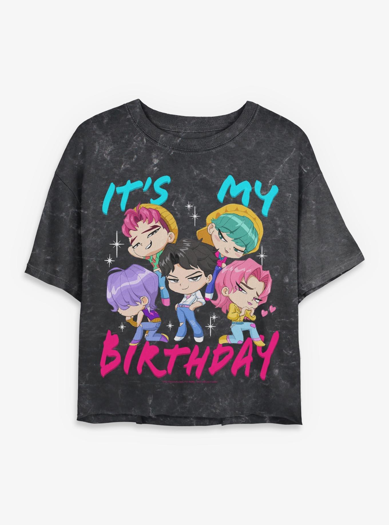 KPop Demon Hunters Saja Boys It's My Birthday Womens Mineral Wash Crop T-Shirt