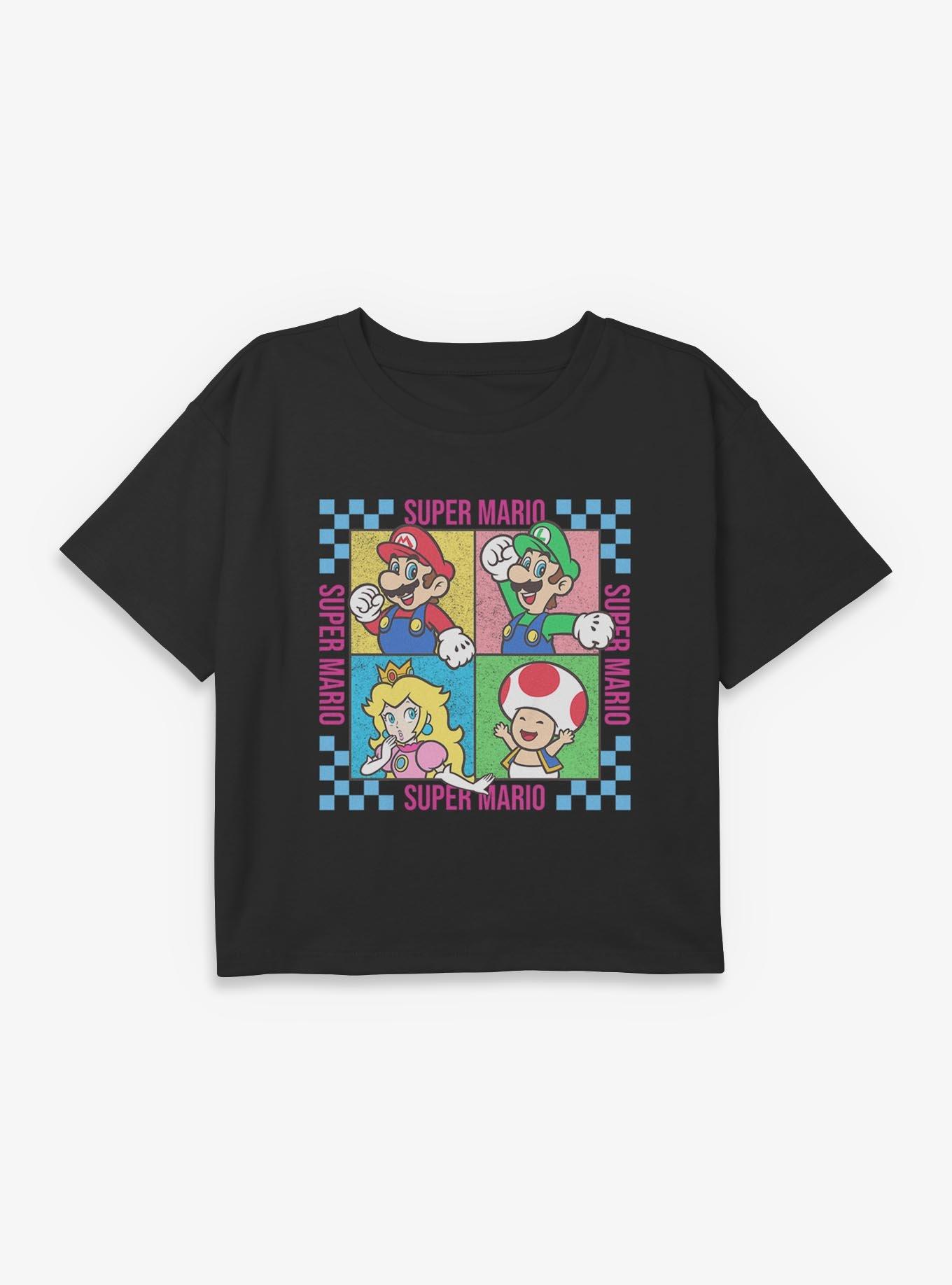 Nintendo Super Mario Checkered Squares Characters Youth Girls Boxy Crop T-Shirt, , hi-res