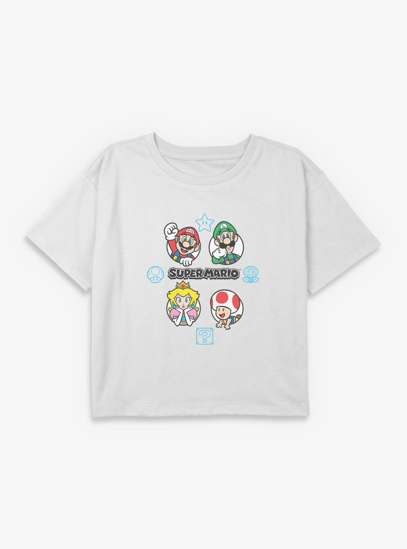 Nintendo Super Mario Fun Icons Group Youth Girls Boxy Crop T-Shirt, , hi-res