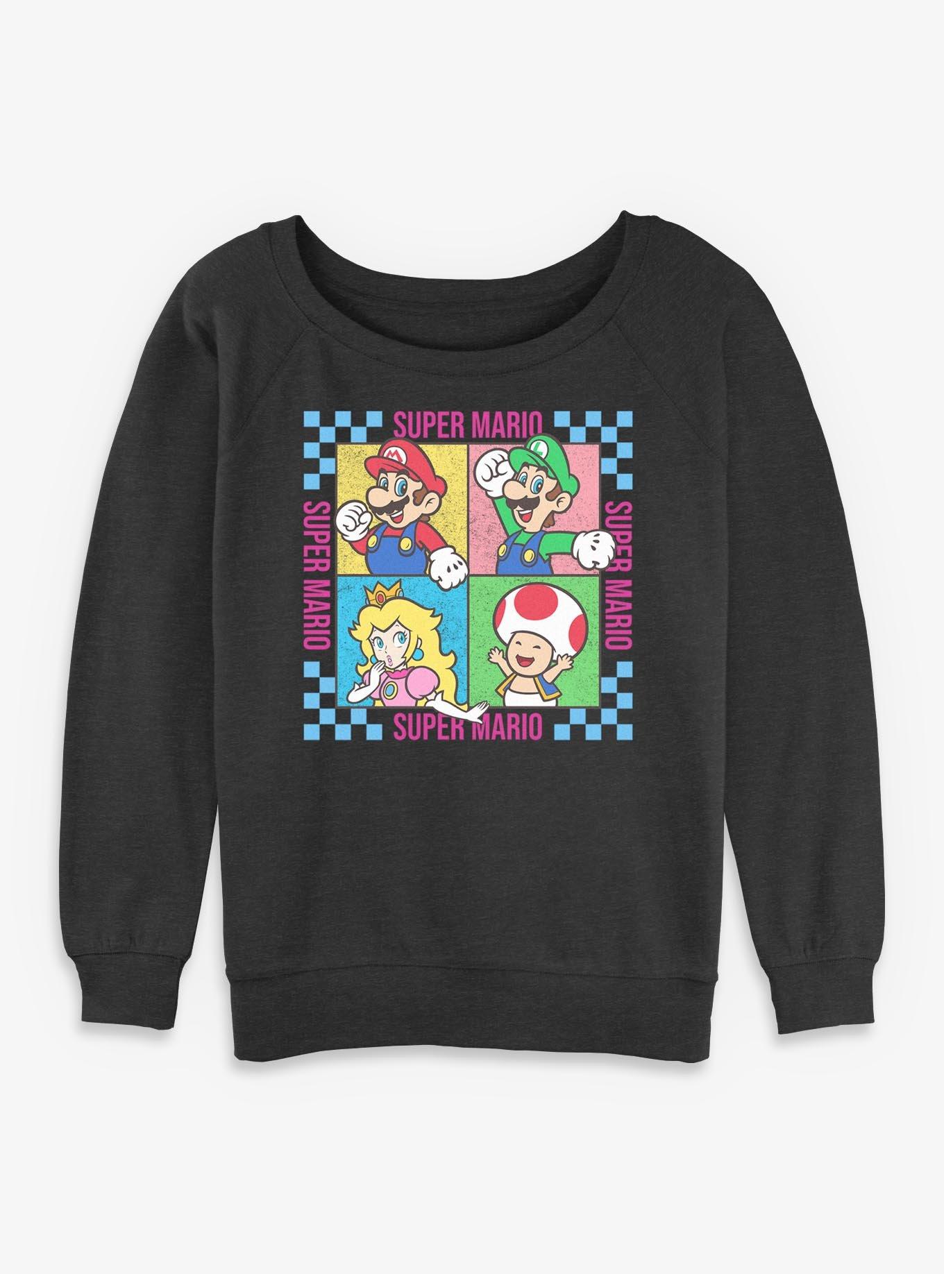Nintendo Super Mario Checkered Squares Characters Womens Slouchy Sweatshirt, , hi-res