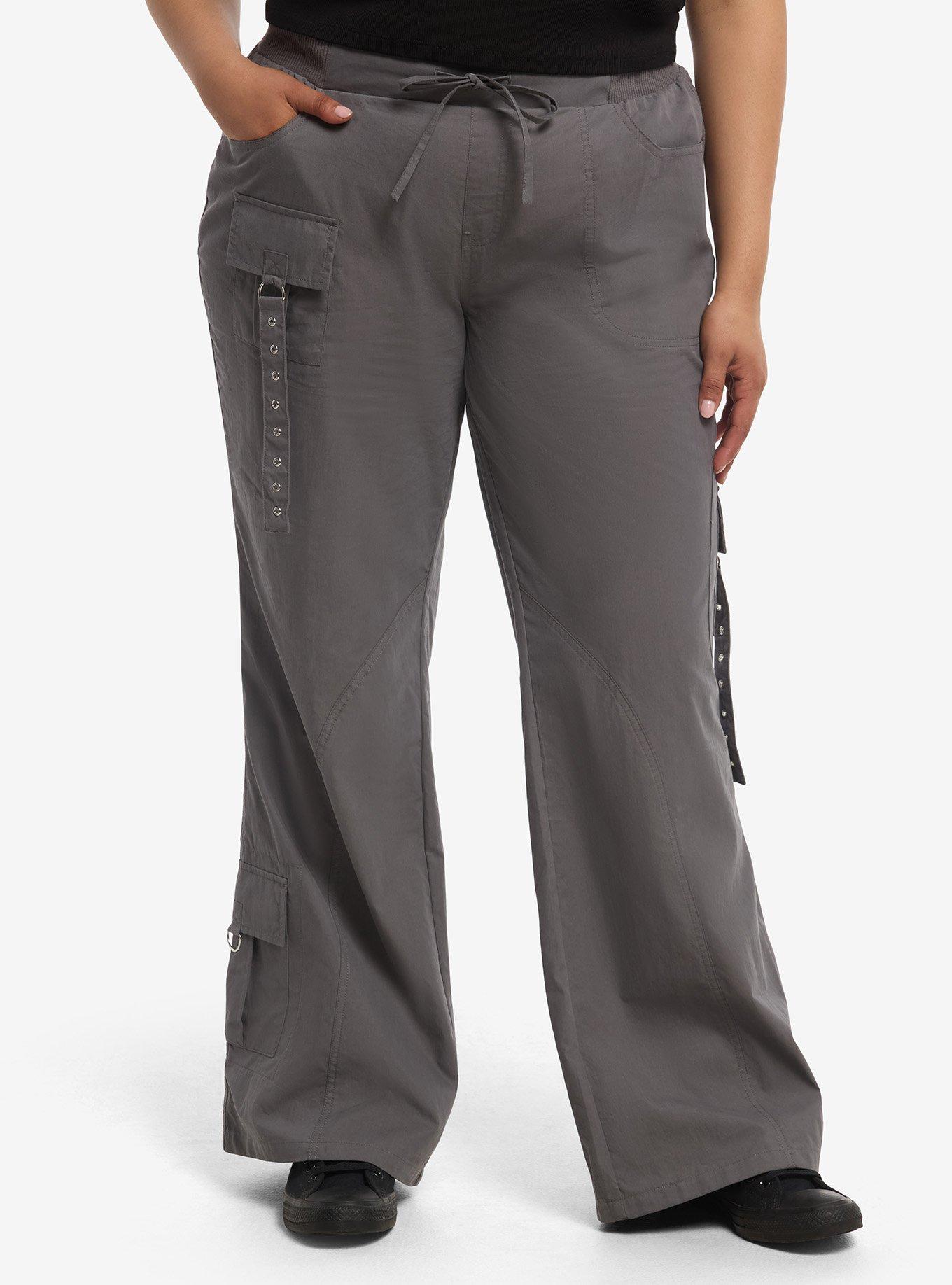 Thorn & Fable Grey Grommet Cargo Flare Pants Plus Size, , hi-res