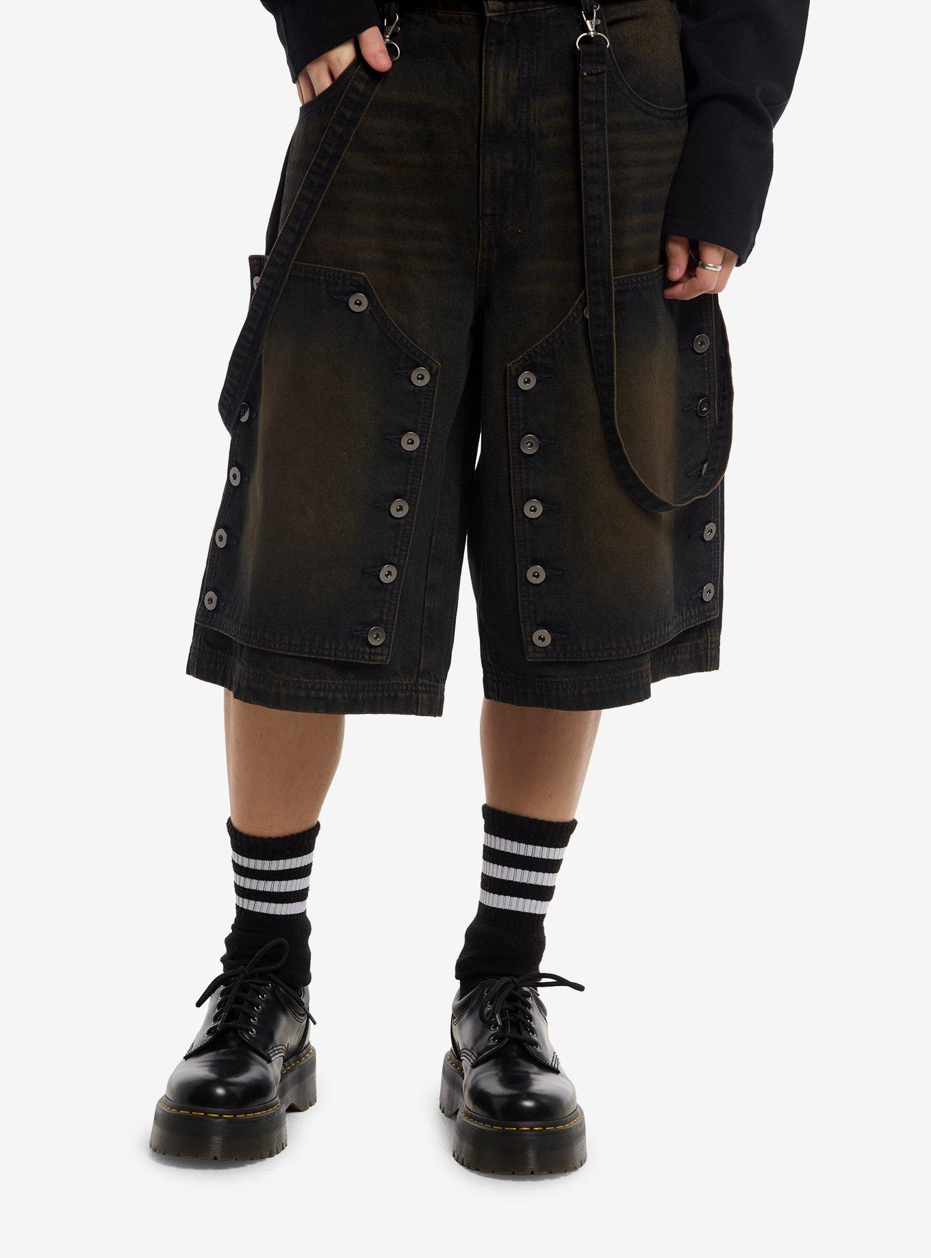 Brown Wash Suspender Jorts, , hi-res