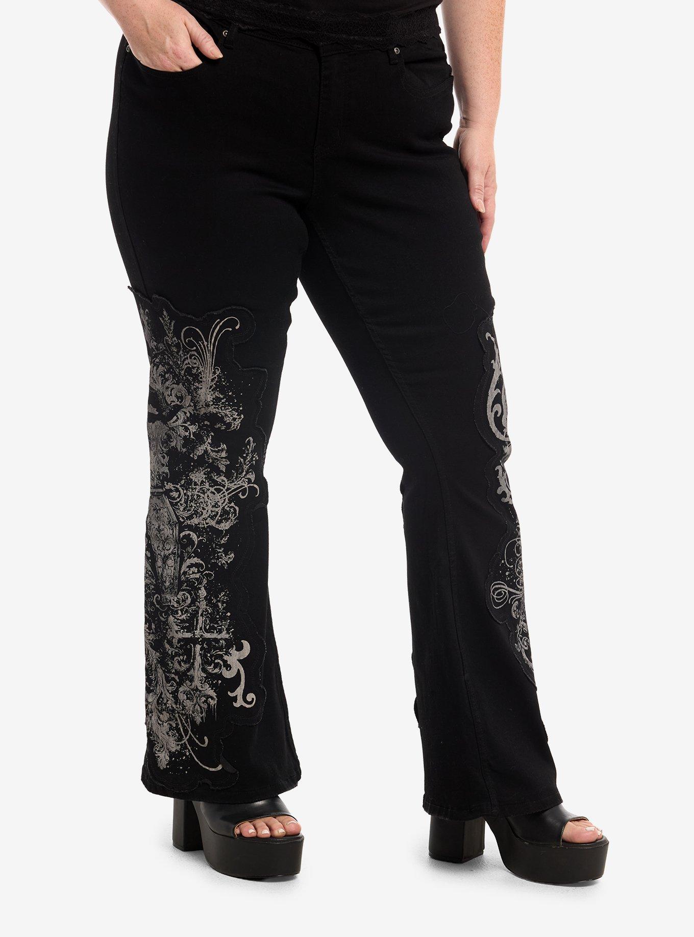 Cosmic Aura Gothic Filigree Patch Flare Jeans Plus Size, , hi-res
