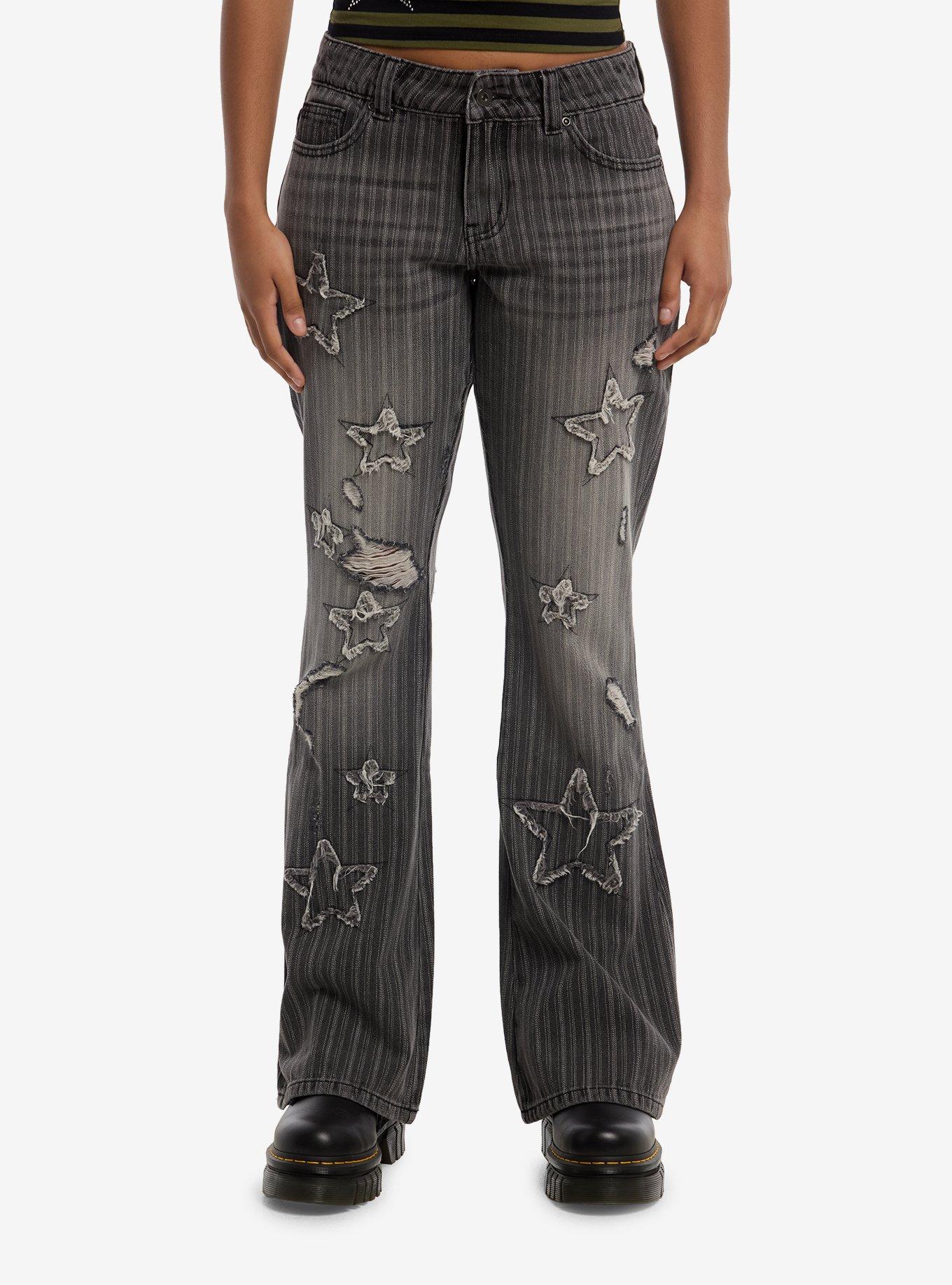 Grey Star Patch Distressed Pinstripe Jeans, , hi-res