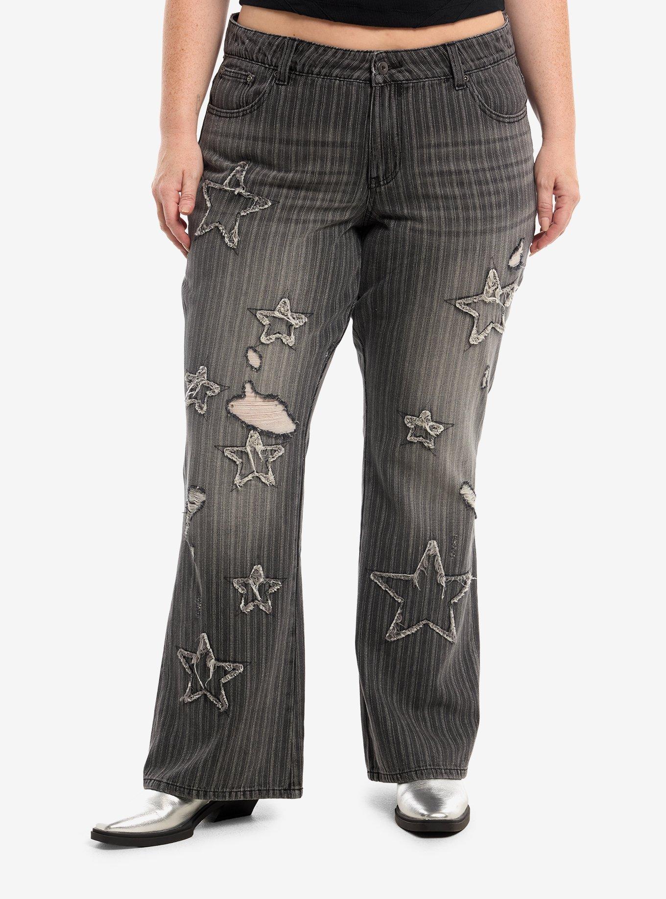 Grey Star Patch Distressed Pinstripe Jeans Plus Size, , hi-res