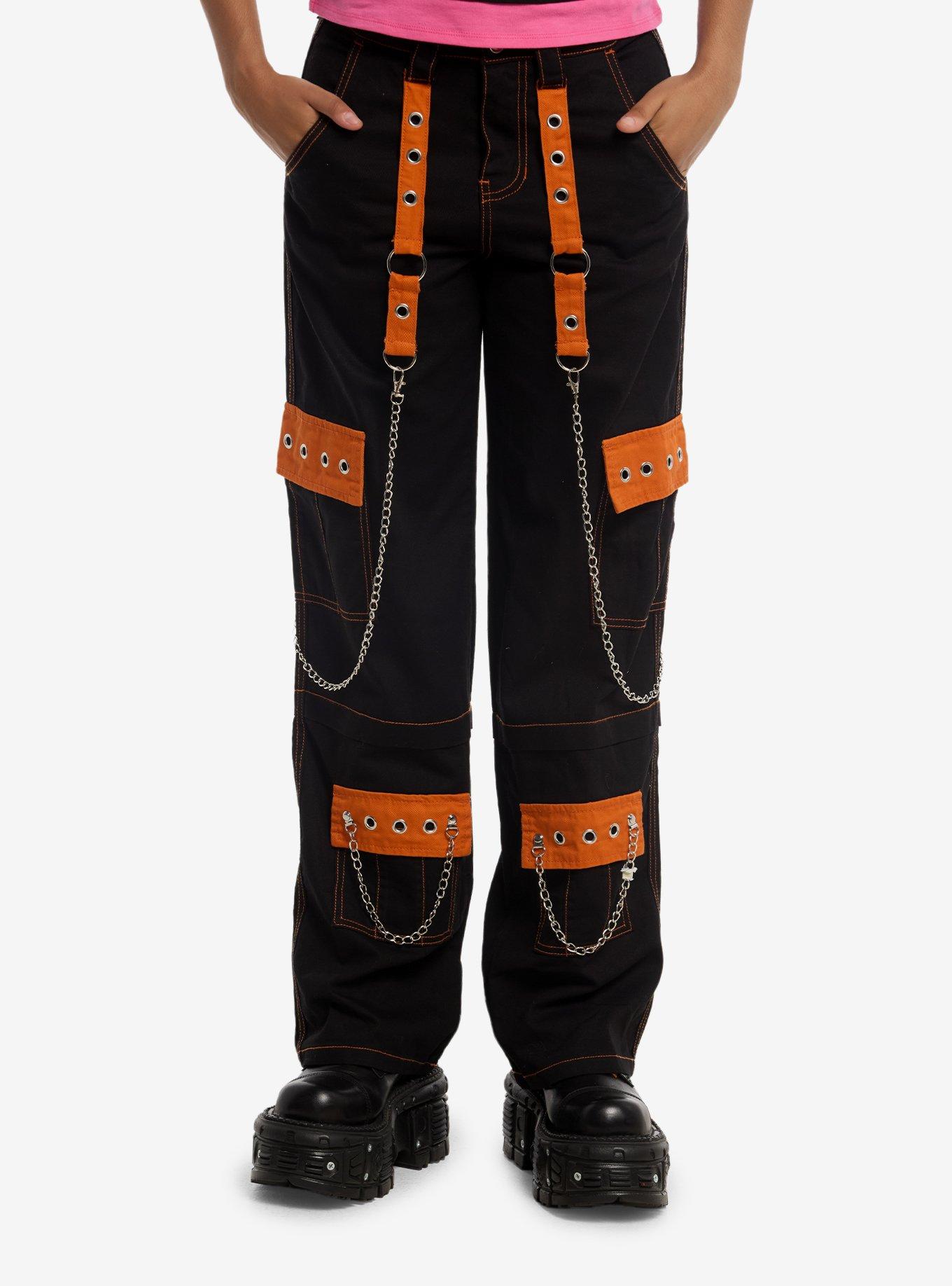 Social Collision Black & Orange Grommet Chain Carpenter Pants, , hi-res