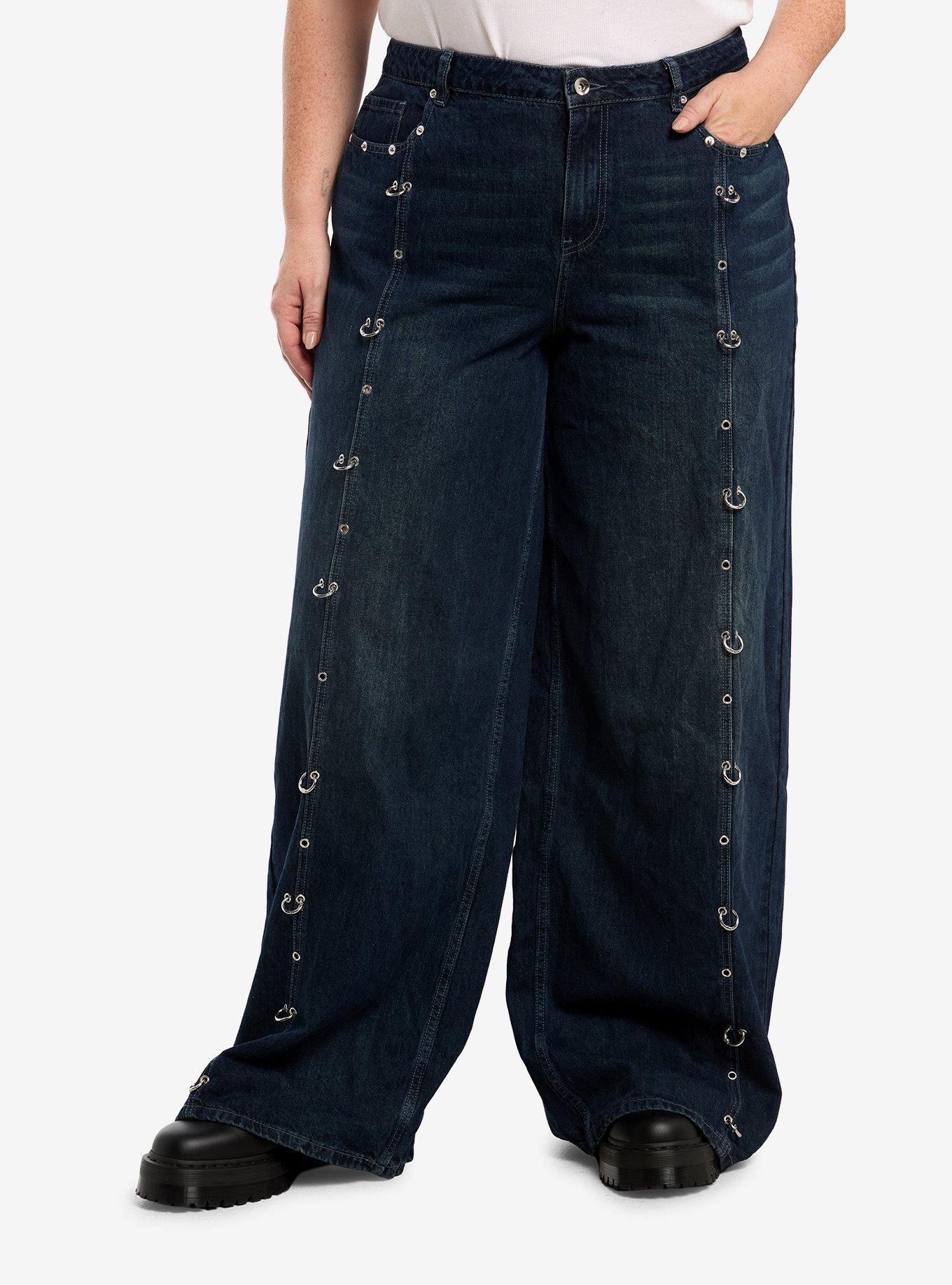 Social Collision Indigo Pierced Grommet Jeans Plus Size, , hi-res