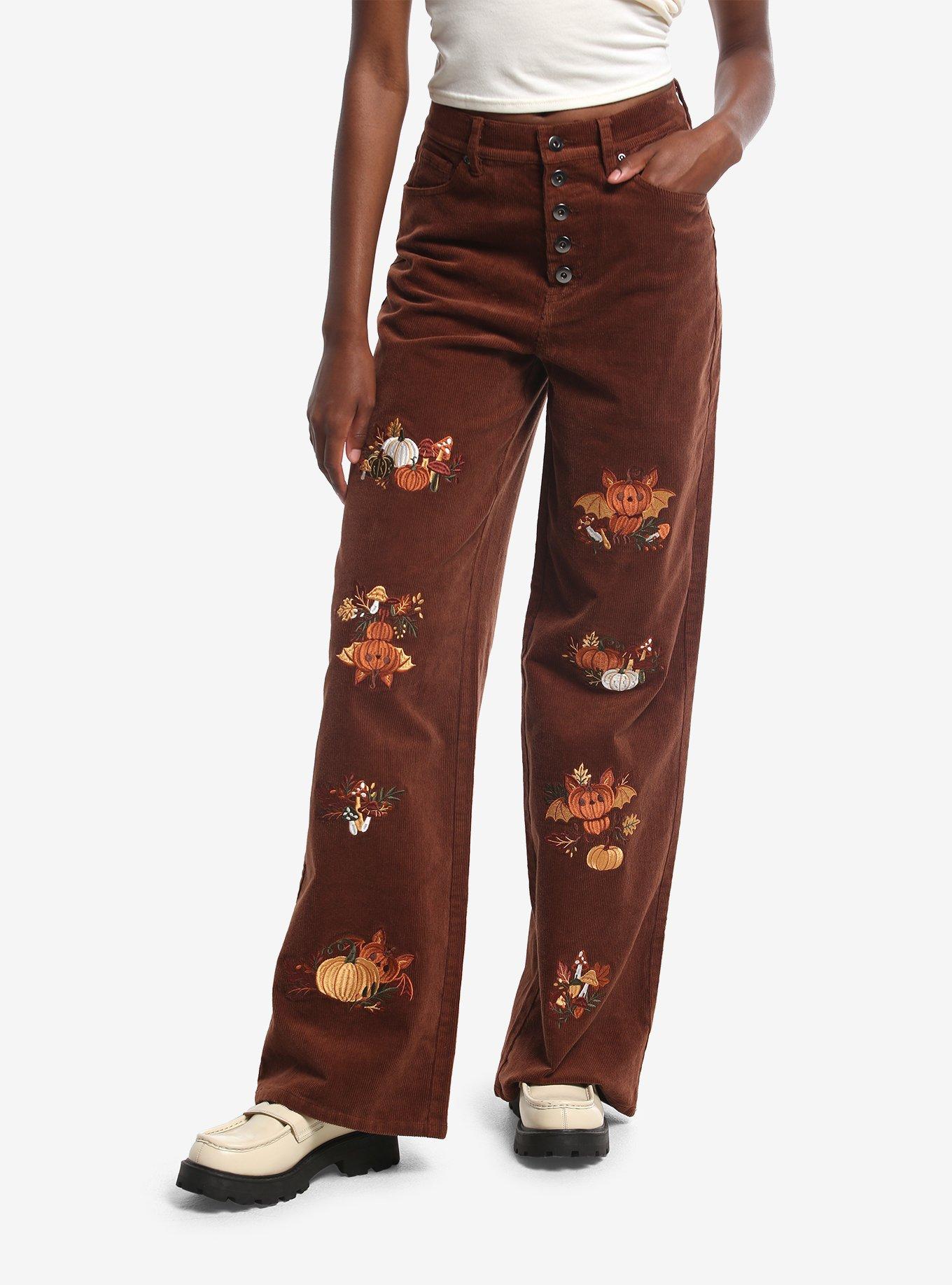 Thorn & Fable Pumpkin Bats Embroidered Corduroy Mom Jeans, , hi-res