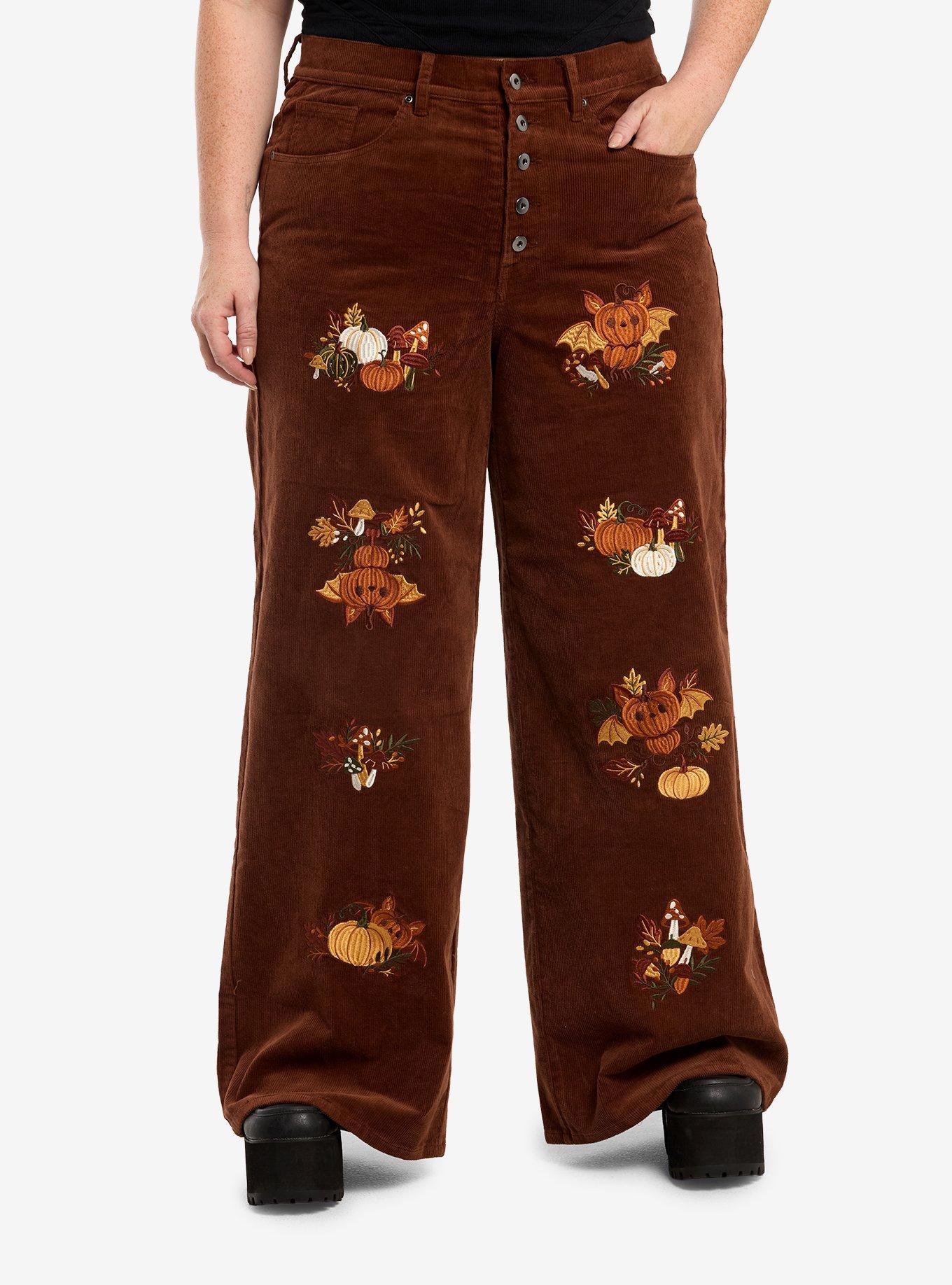Thorn & Fable Pumpkin Bats Embroidered Corduroy Mom Jeans Plus Size, , hi-res
