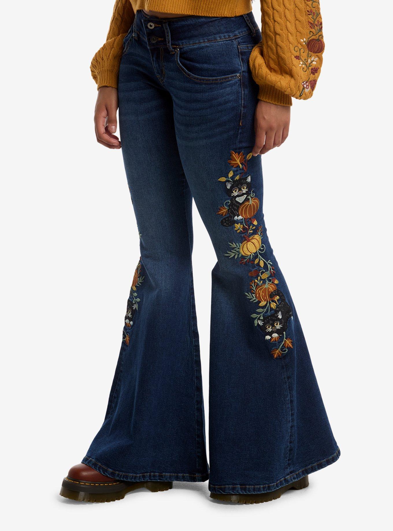 Thorn & Fable Cat Pumpkin Embroidered Flare Jeans | Hot Topic