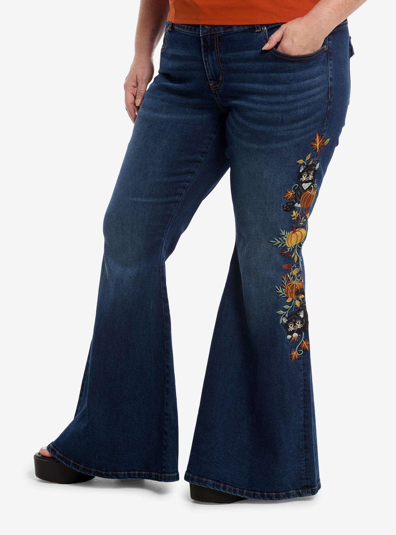 Thorn & Fable Cat Pumpkin Embroidered Flare Jeans Plus Size | Hot