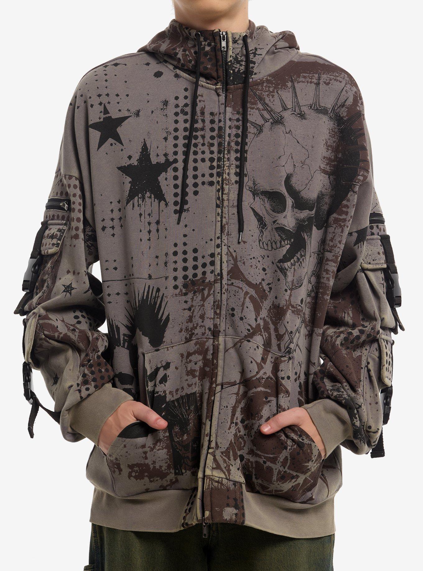 Spiky Skull Star Cargo Pocket Hoodie, , hi-res
