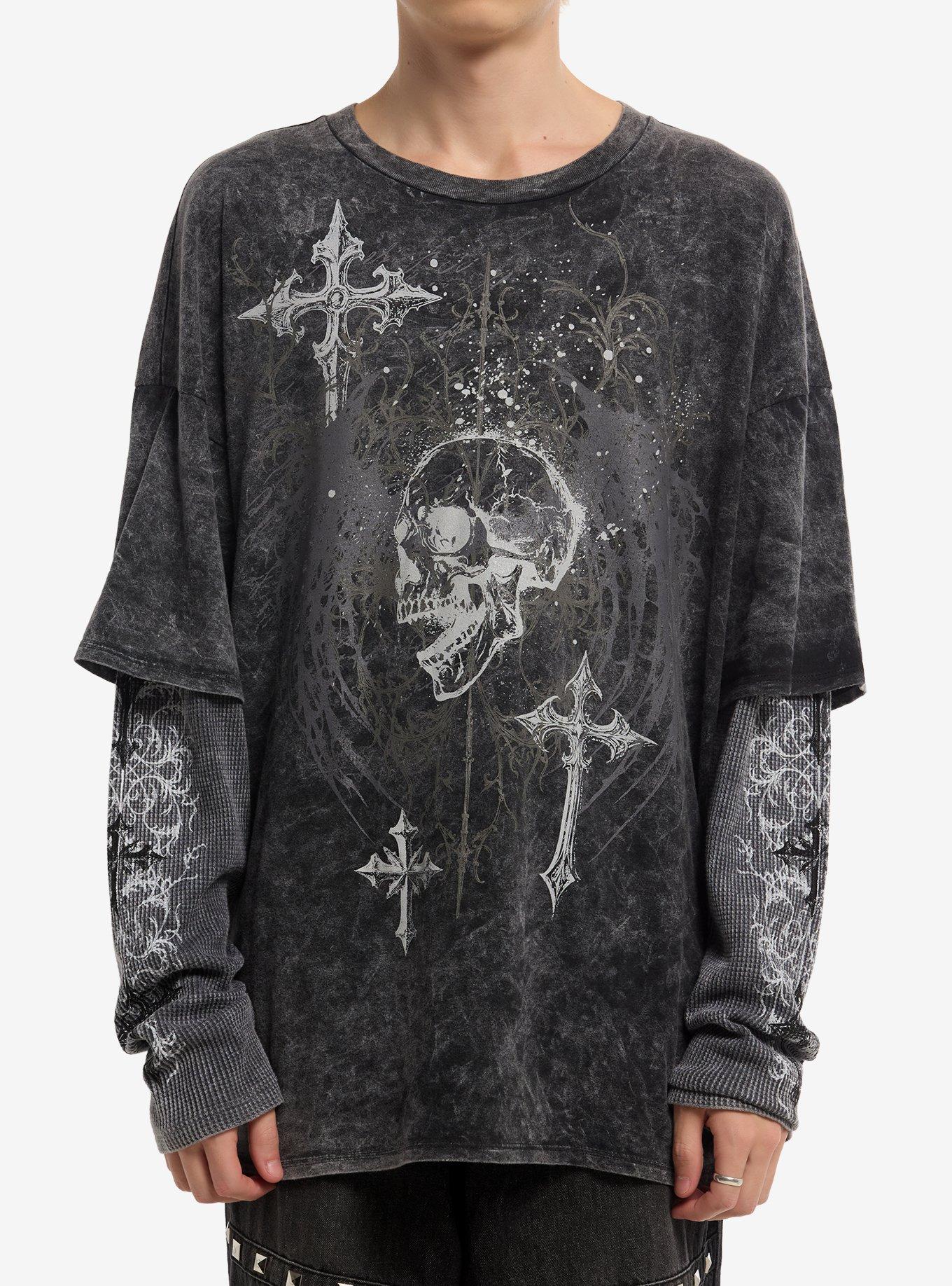Cross Skull Thermal Dark Wash Twofer Long-Sleeve T-Shirt | Hot Topic