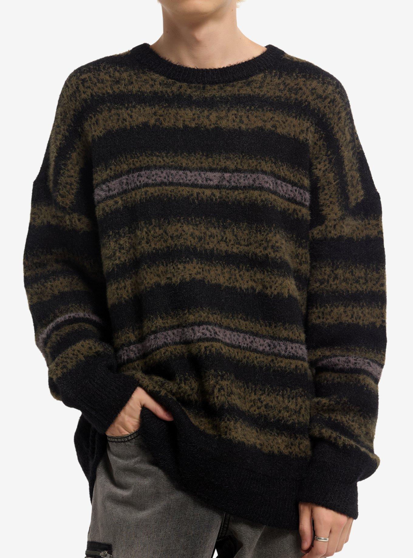 Green & Black Stripe Fuzzy Sweater, , hi-res