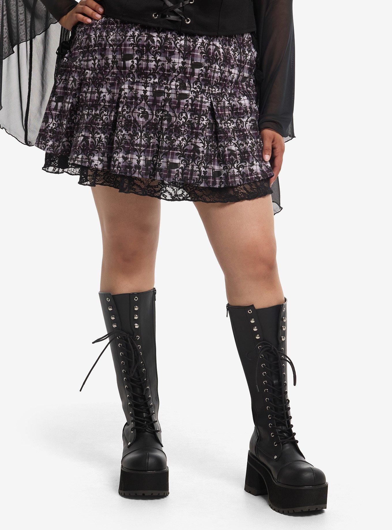Cosmic Aura Purple Plaid Filigree Print Ribbon Skirt Plus Size, , hi-res