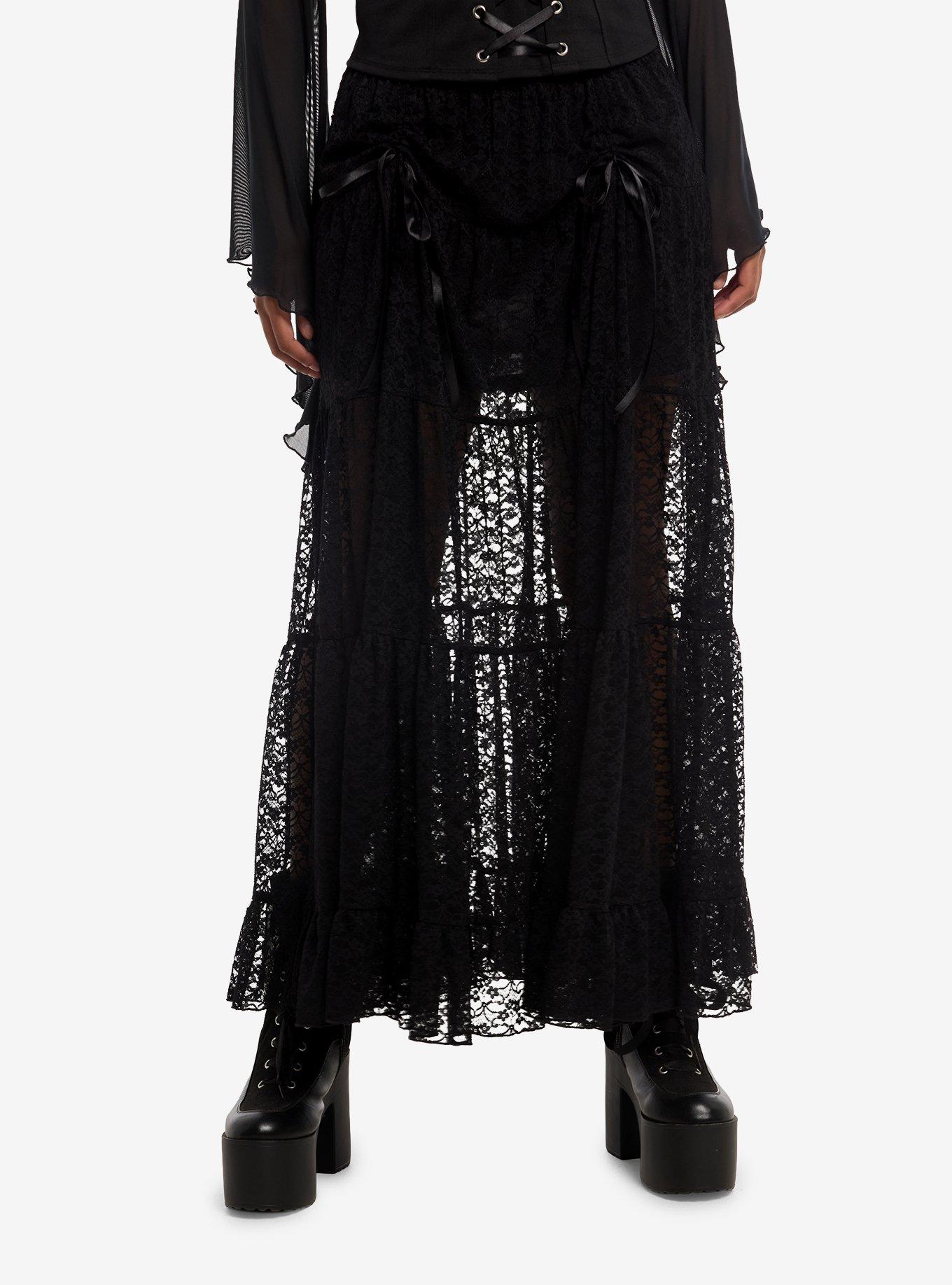 Cosmic Aura Black Lace Ribbon Layered Maxi Skirt, , hi-res