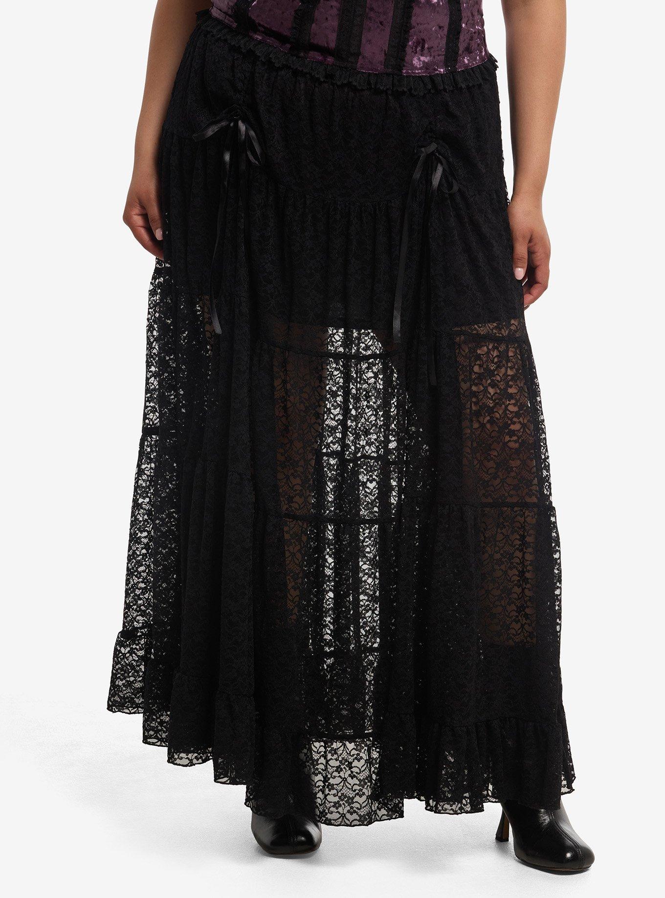 Cosmic Aura Black Lace Ribbon Layered Maxi Skirt Plus Size, , hi-res