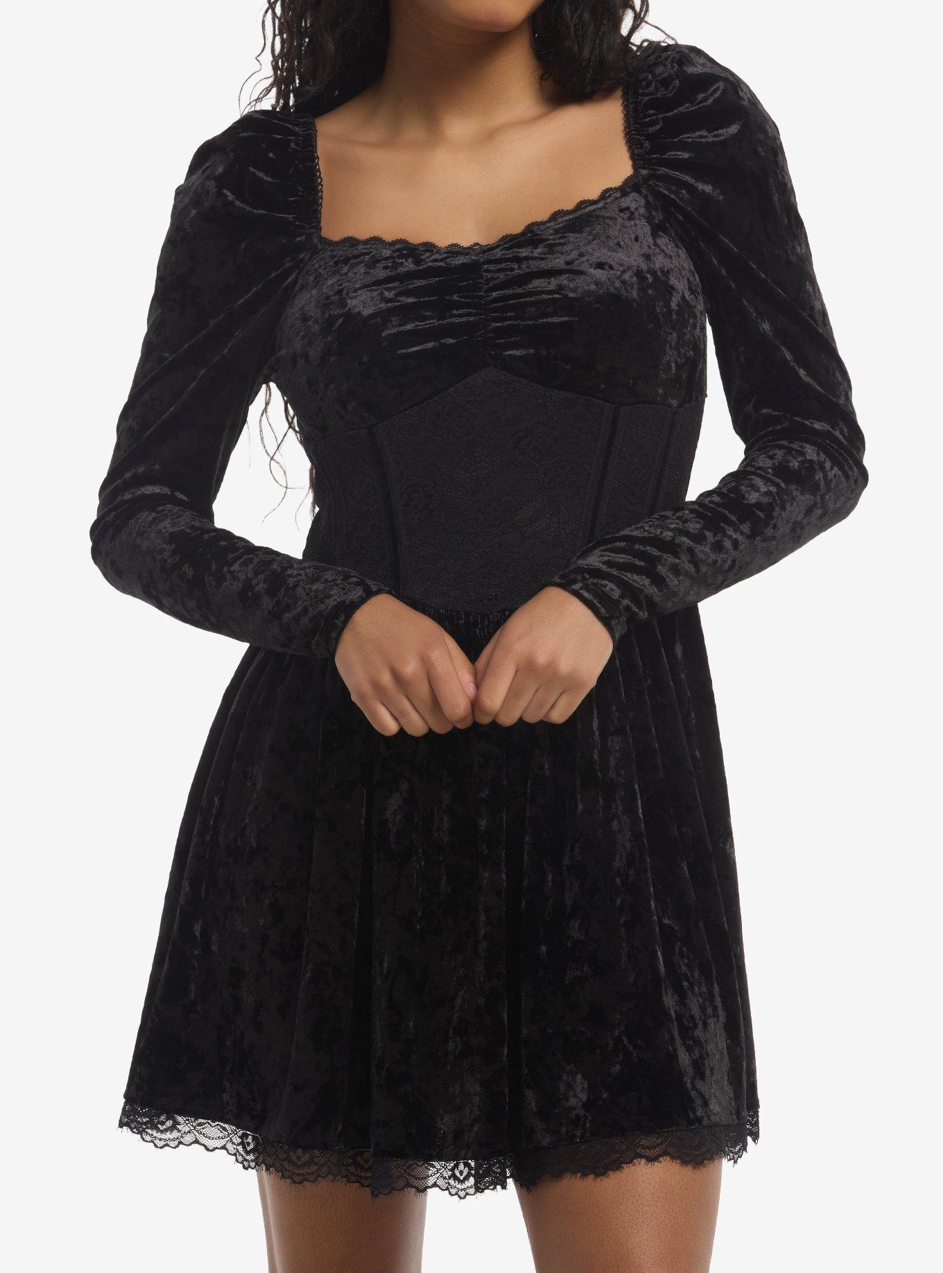 Cosmic Aura Black Velour Corset Long-Sleeve Dress, , hi-res
