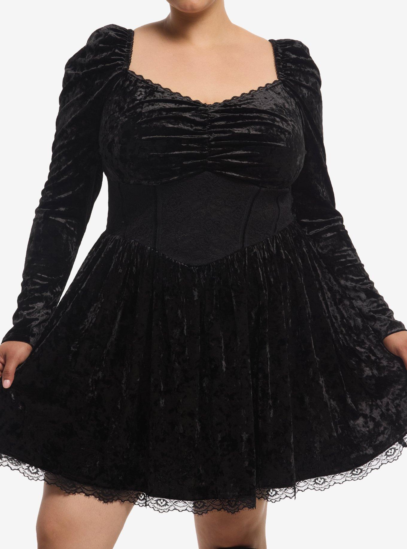 Cosmic Aura Black Velour Corset Long-Sleeve Dress Plus Size, , hi-res