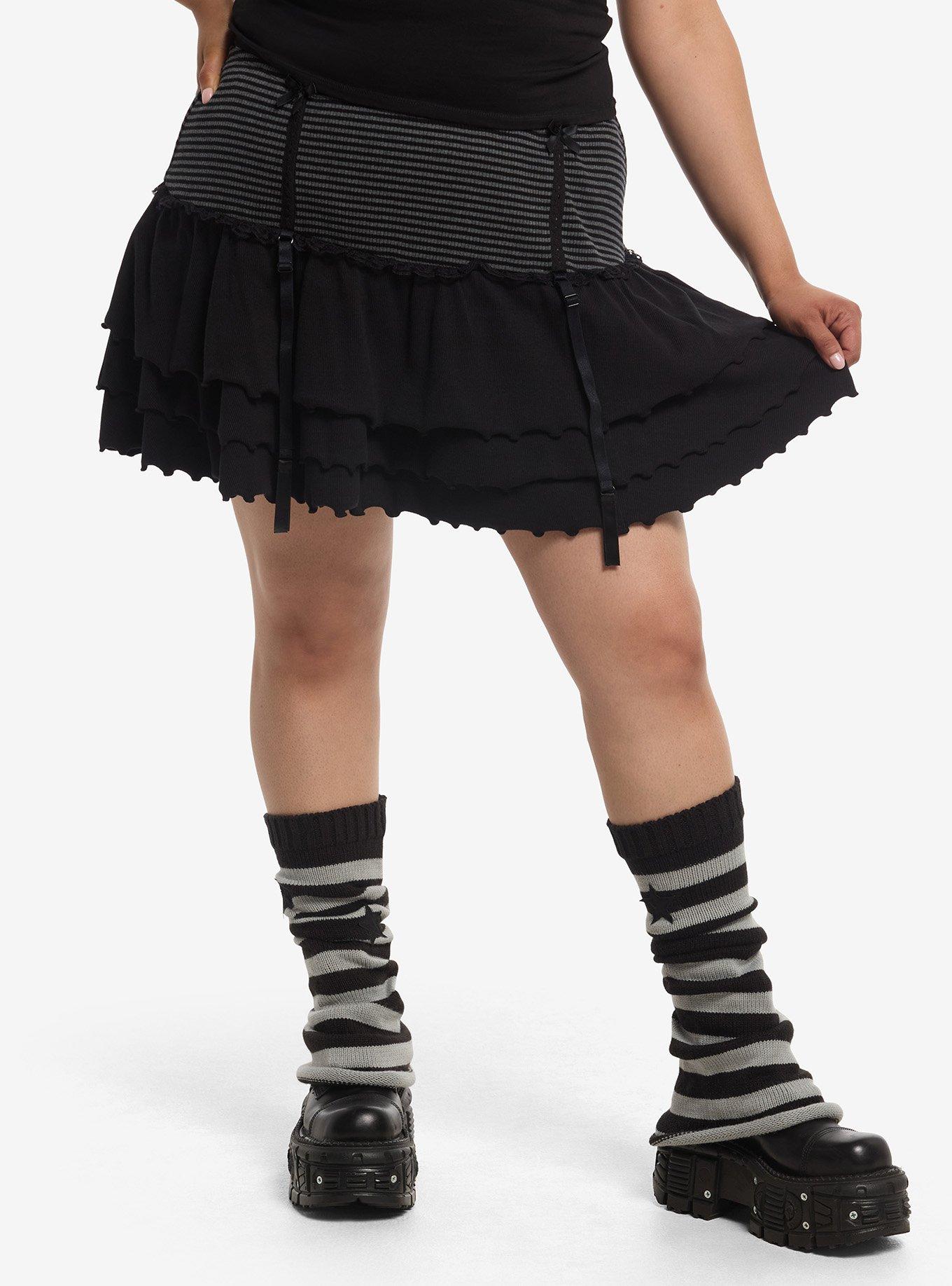 Social Collision Black & Grey Stripe Ribbon Ruffle Skirt Plus Size, , hi-res