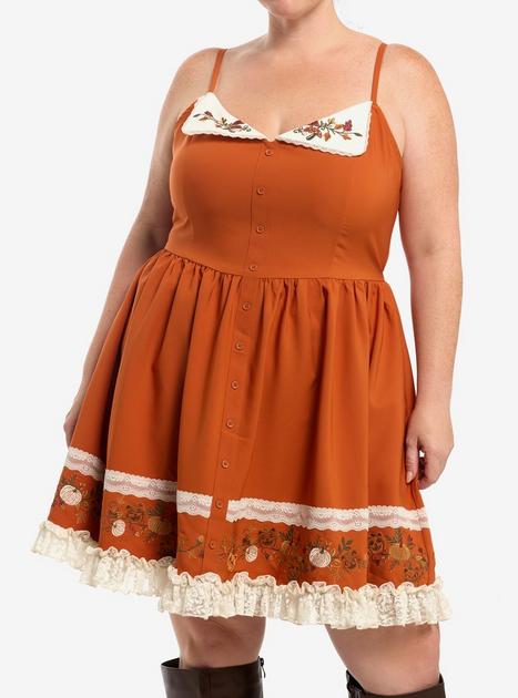 Thorn & Fable Pumpkin Embroidered Lace Cami Dress Plus Size | Hot