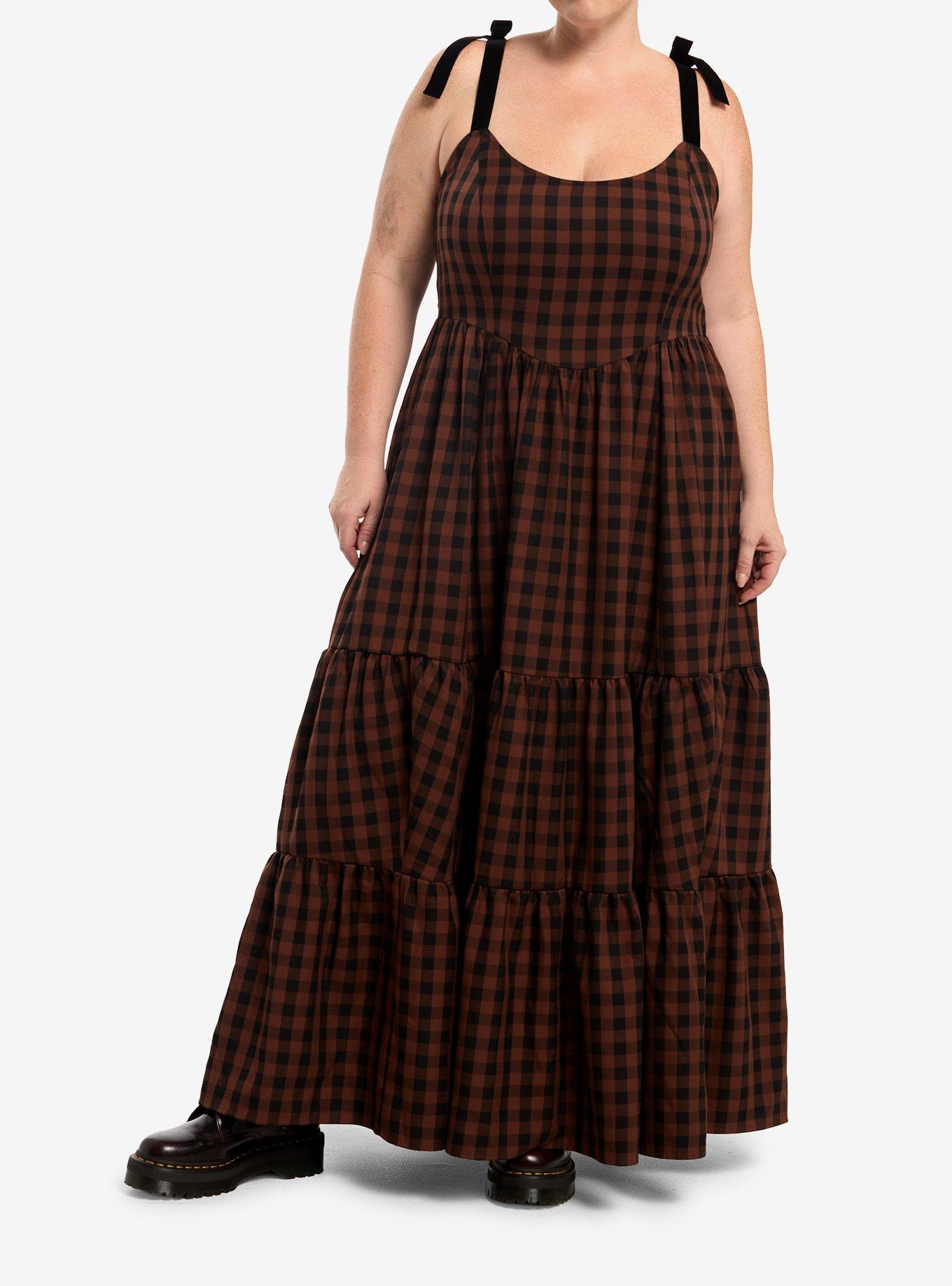 Thorn & Fable Brown & Black Checkered Ribbon Tier Maxi Dress Plus