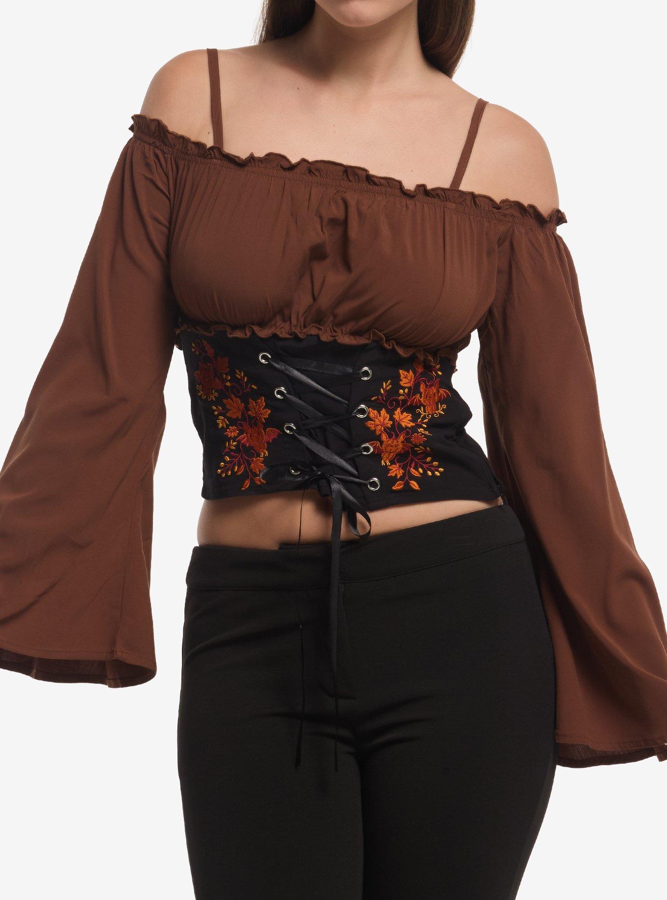 Thorn & Fable Autumn Leaf Corset Girls Cold-Shoulder Top, , hi-res