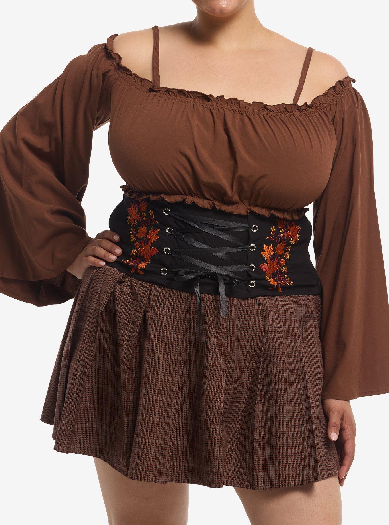 Thorn & Fable Autumn Leaf Corset Girls Cold-Shoulder Top Plus Size, , hi-res