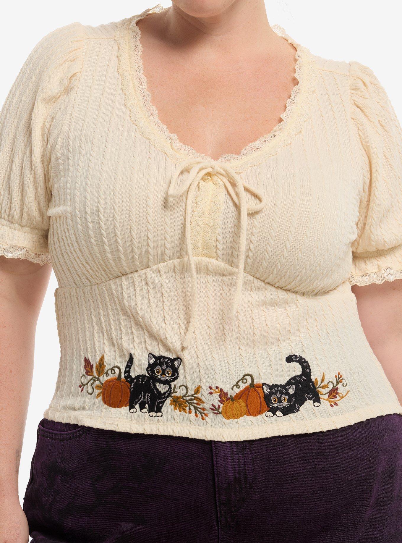 Thorn & Fable Cat Pumpkin Knit Girls Crop Top Plus Size | Hot Topic