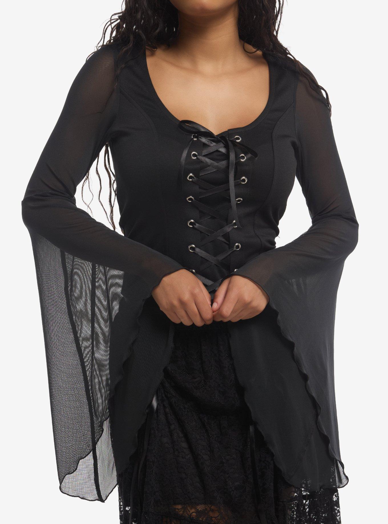 Cosmic Aura Lace-Up Mesh Girls Bell Sleeve Top, , hi-res
