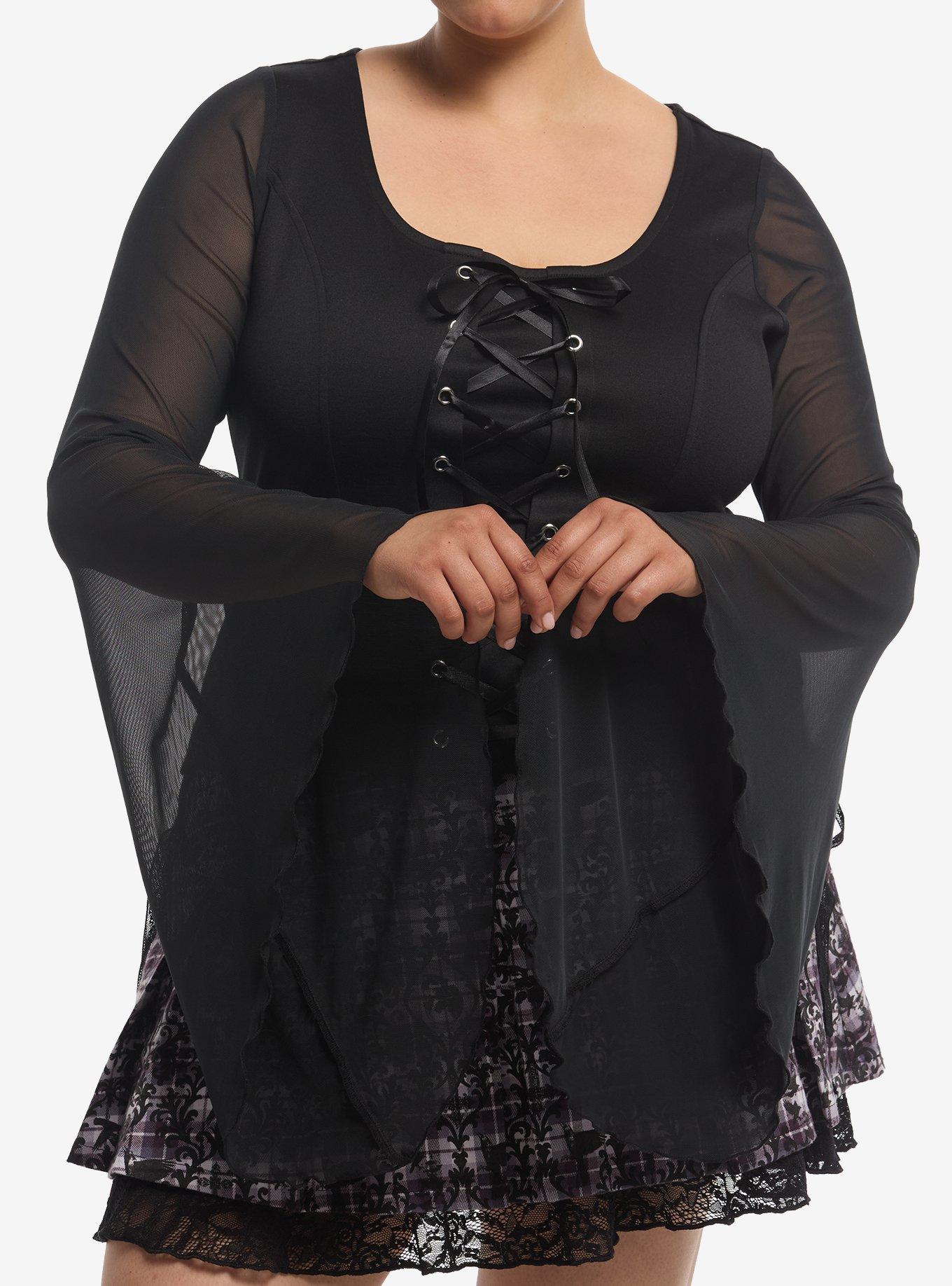 COSMICAURA Cosmic Aura Lace-Up Mesh Girls Bell Sleeve Top Plus Size