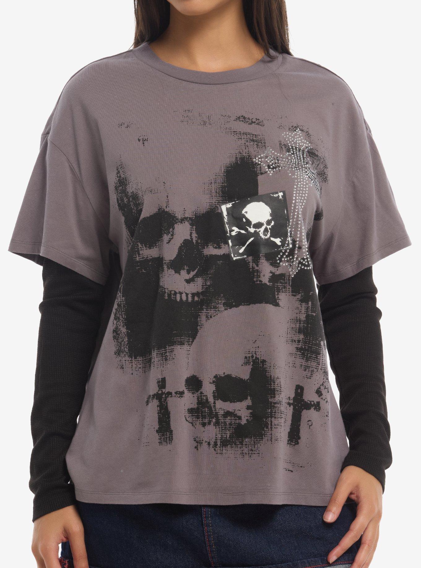 Social Collision Skull Rhinestone Cross Girls Twofer Top, , hi-res