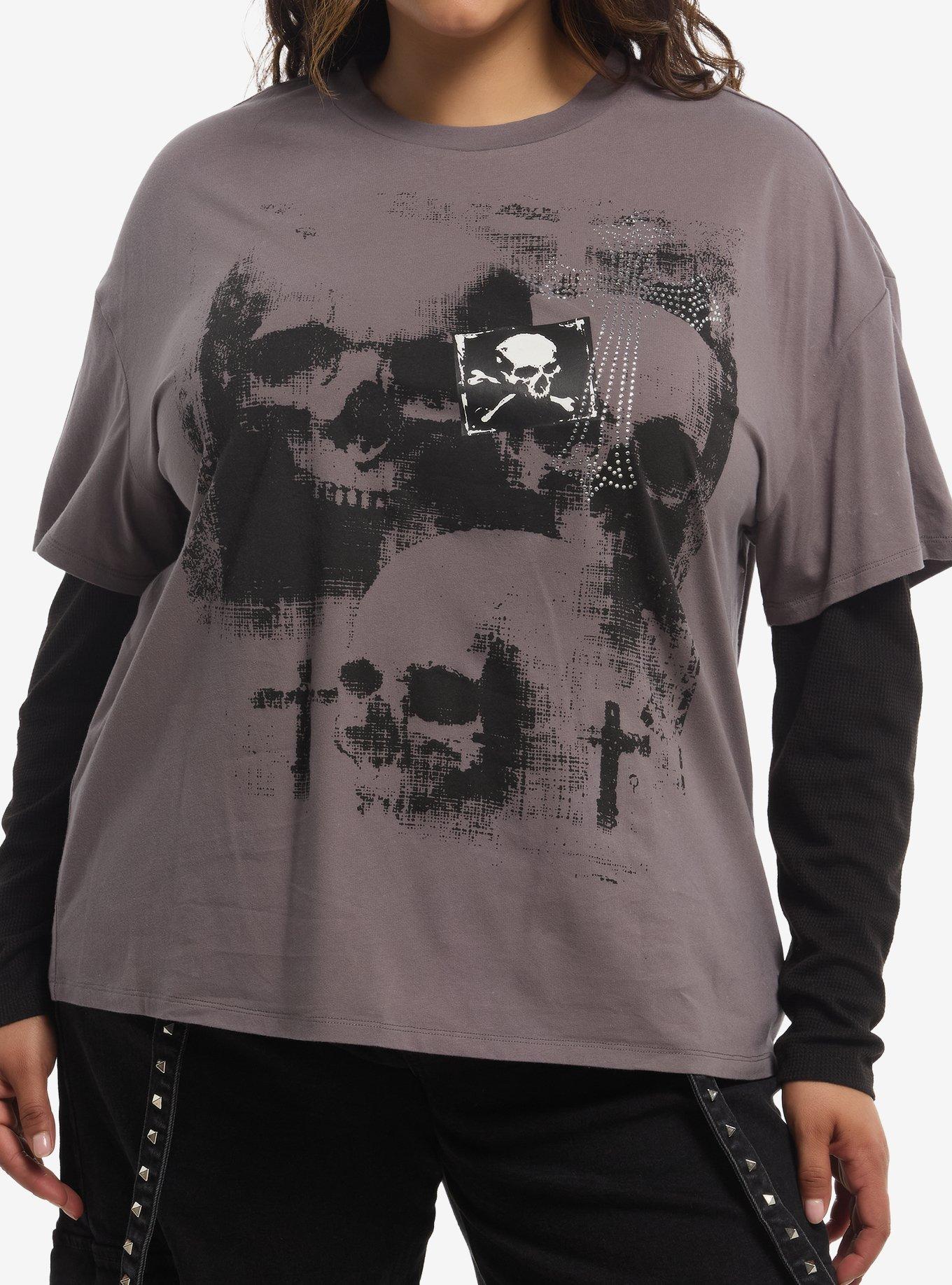 Social Collision Skull Rhinestone Cross Girls Twofer Top Plus Size, , hi-res
