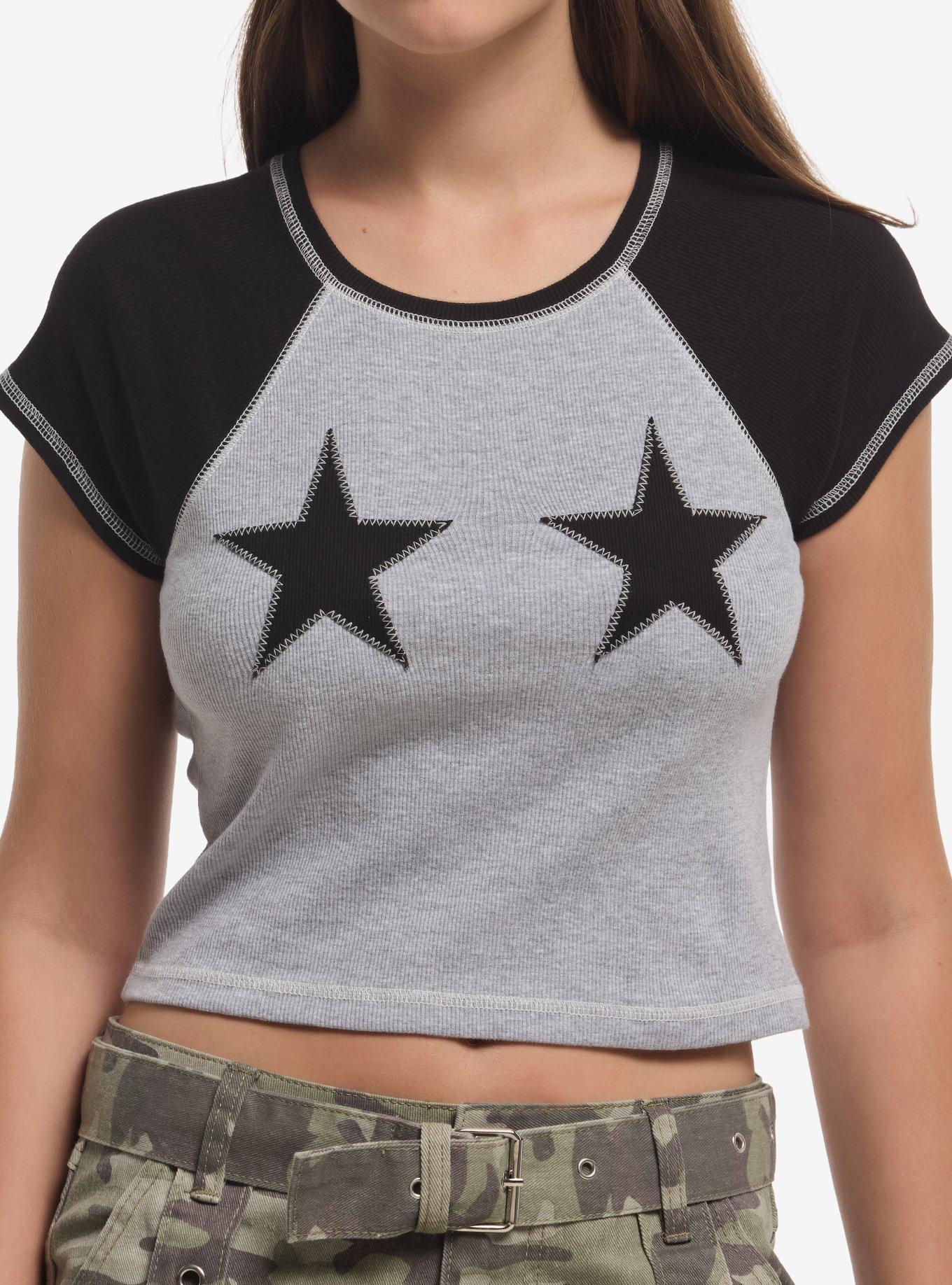 HOTTOPIC Grey & Black Star Stitch Raglan Girls Crop Top