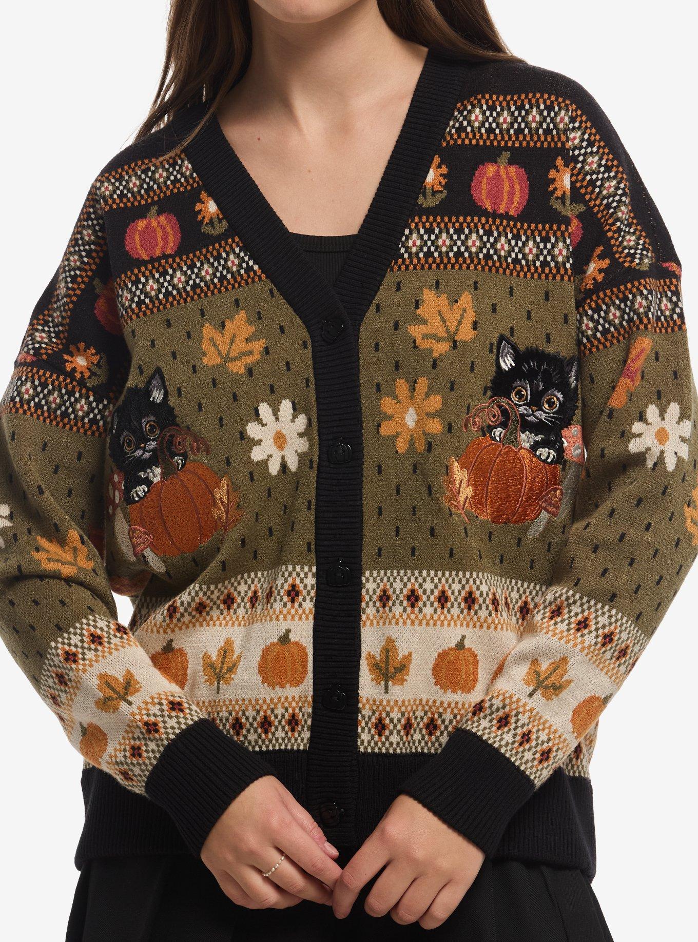 Thorn & Fable Cat Pumpkin Vintage Girls Oversized Cardigan | Hot Topic