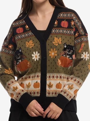 Thorn & Fable Cat Pumpkin Vintage Girls Oversized Cardigan | Hot Topic