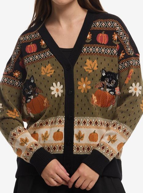 Thorn & Fable Cat Pumpkin Vintage Girls Oversized Cardigan | Hot Topic
