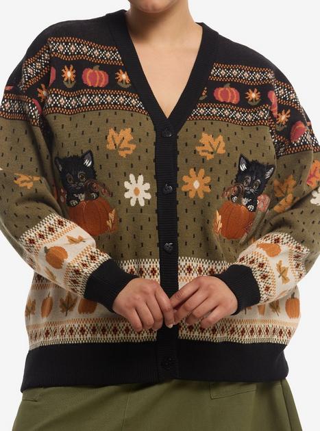 Thorn & Fable Cat Pumpkin Vintage Girls Oversized Cardigan Plus
