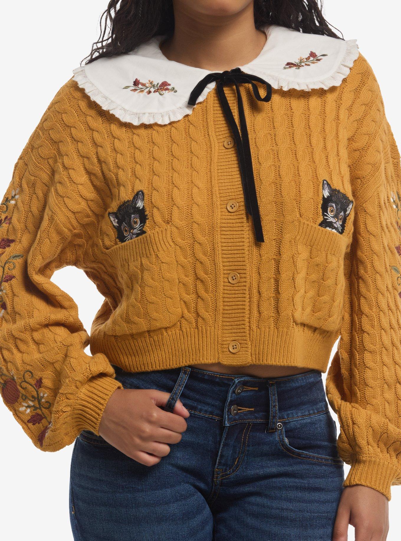 Thorn & Fable Cat Fall Contrast Collar Girls Crop Cardigan, , hi-res