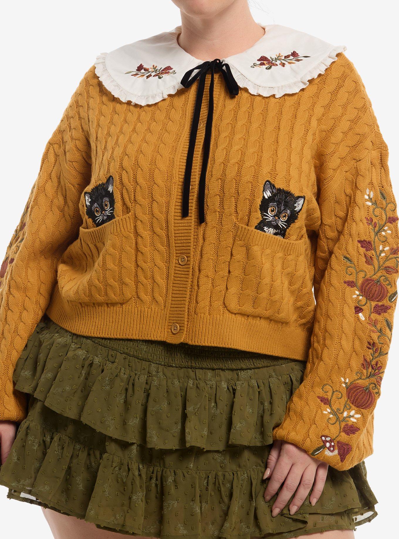 Thorn & Fable Cat Fall Contrast Collar Girls Crop Cardigan Plus Size, , hi-res