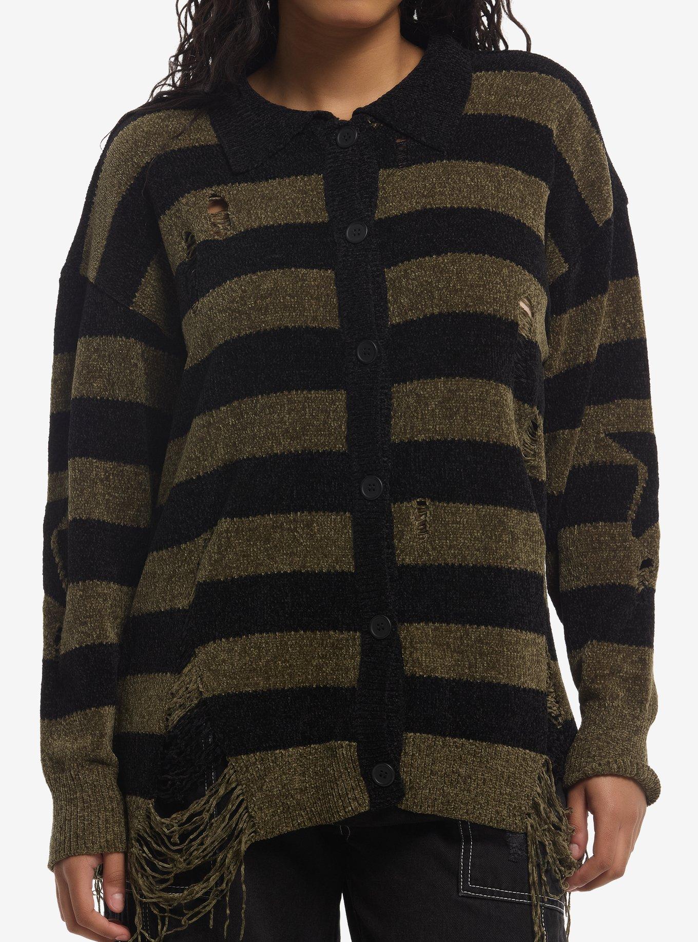 Star Black & Olive Stripe Distressed Girls Long-Sleeve Cardigan, , hi-res