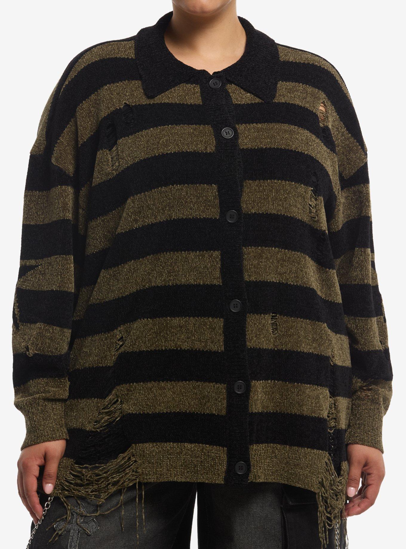 Star Black & Olive Stripe Distressed Girls Long-Sleeve Cardigan Plus Size, , hi-res