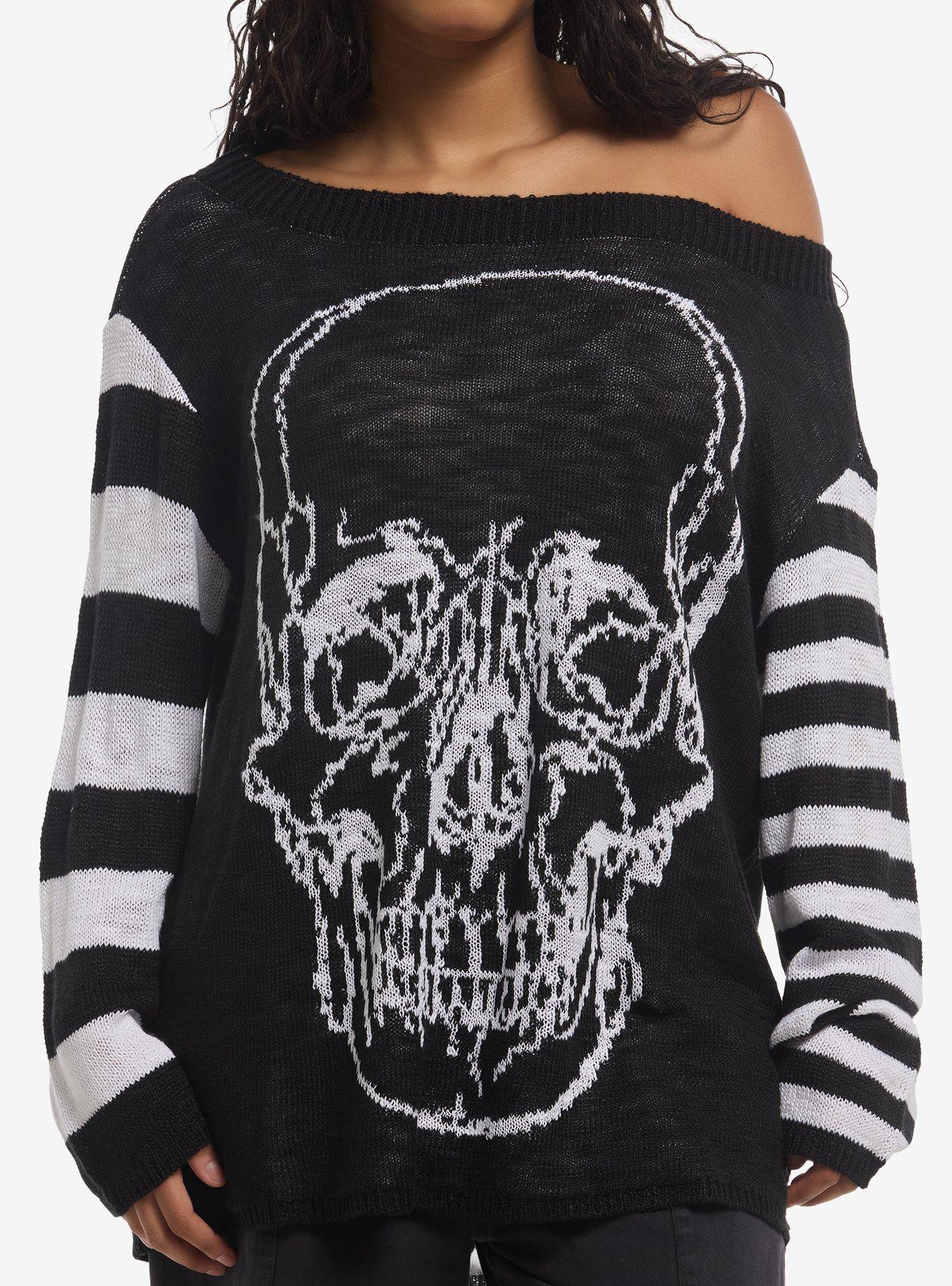 Cosmic Aura Skull Black & White Mismatch Stripe Girls Sweater, , hi-res