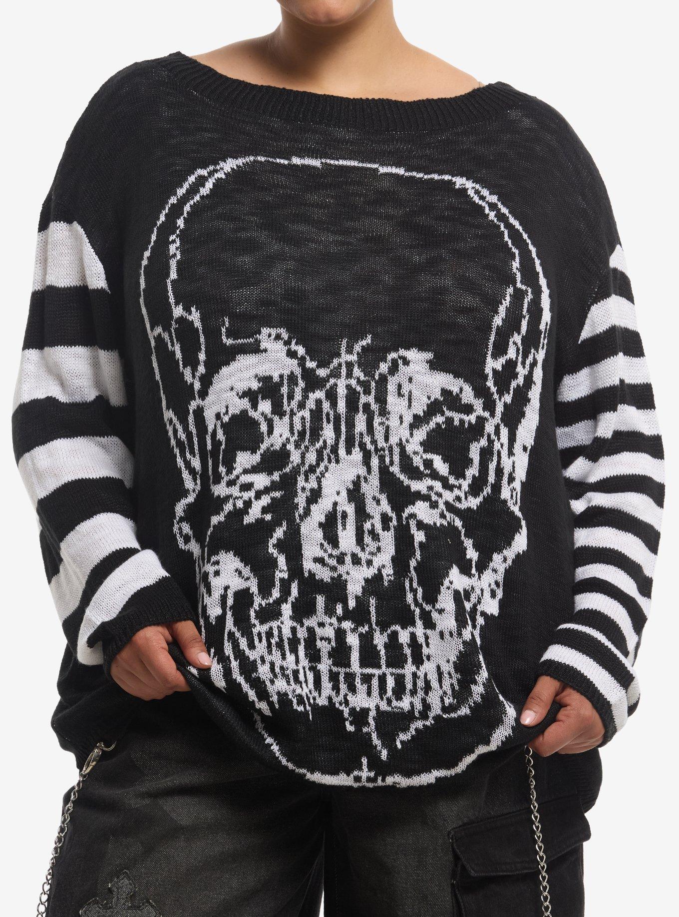 Cosmic Aura Skull Black & White Mismatch Stripe Girls Sweater Plus Size, , hi-res