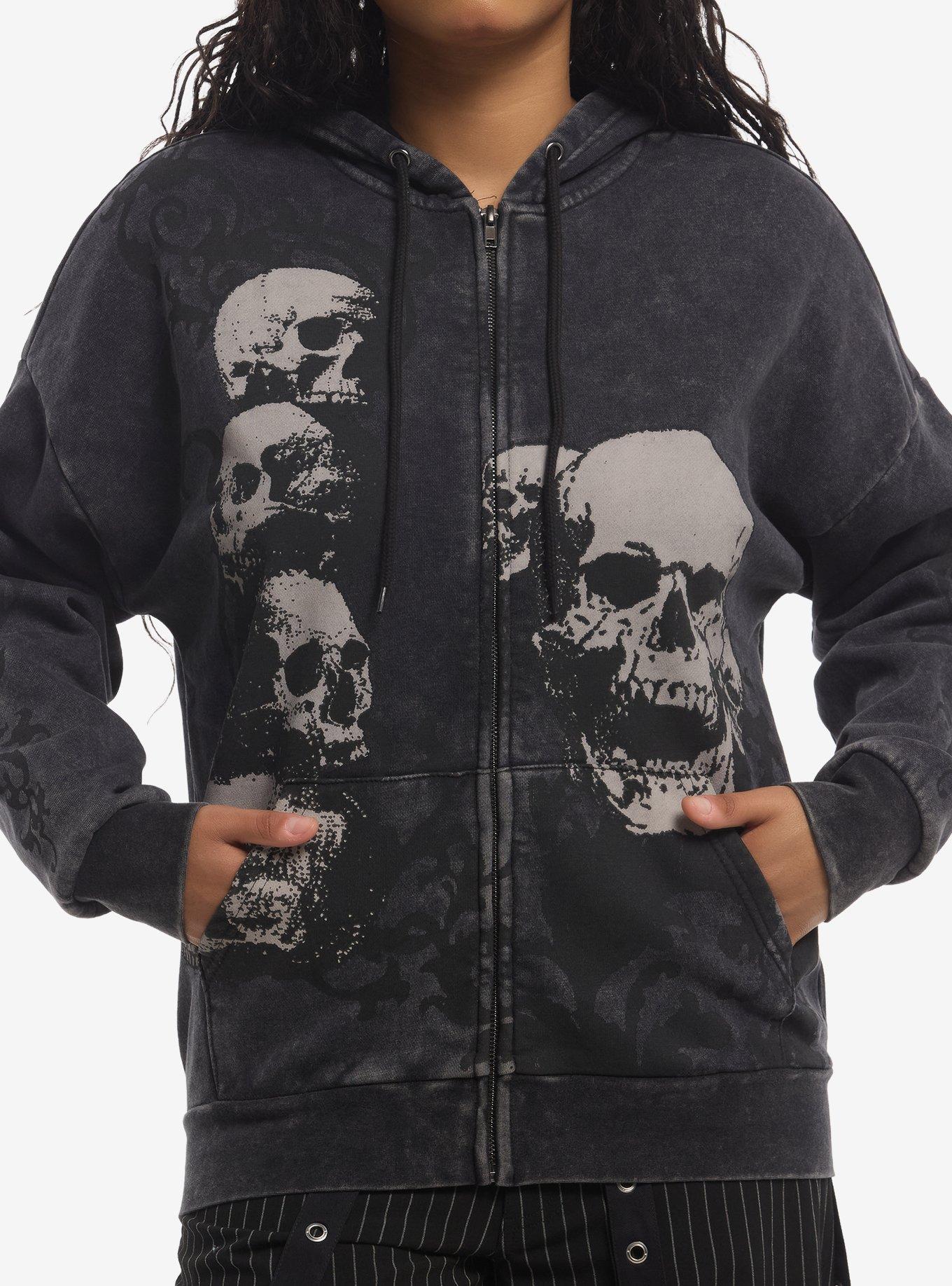 Social Collision Skull Stack Filigree Dark Wash Girls Hoodie, , hi-res