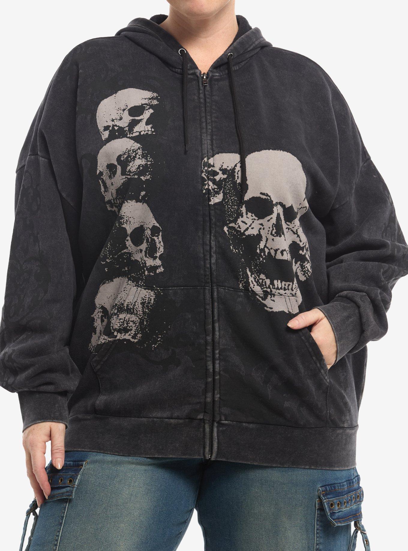 Social Collision Skull Stack Filigree Dark Wash Girls Hoodie Plus Size, , hi-res